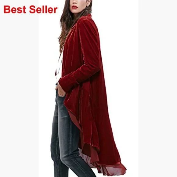 Long Sleeve Velvet Cardigan Coat with Asymmetric Chiffon Hem - Picture 2 of 6